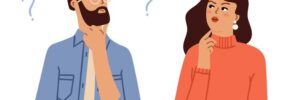 Cartoon couple with question marks thinking